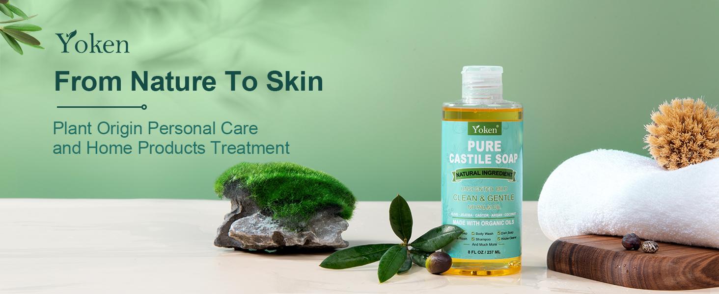 Yoken Pure Castile Liquid Soap Organic (EWG Verified, Unscented, 8 OZ), Made with Organic Oils, No Added Fragrance, Vegan, Castile Soap Liquid for Face, Laundry, Dishes, Sensitive Skin, Travel soaps