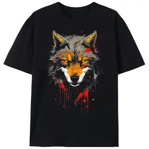 Men's Wolf Head Graphic Print Cotton Fabric Top, Unisex Hip Hop Streetwear Short-Sleeve T-Shirt