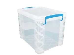 Super Stacker Storage or Hanging File Box with Blue Lid Locking Handles Clear Plastic Container