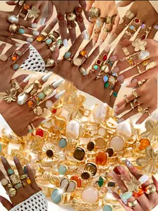 Vintage Elegant Bohemian Pearl Jewelry Set, Gemstone Flower Metal Rings, Rhinestone Ring Set, Casual Daily Wear Party Accessories, Random Shipping