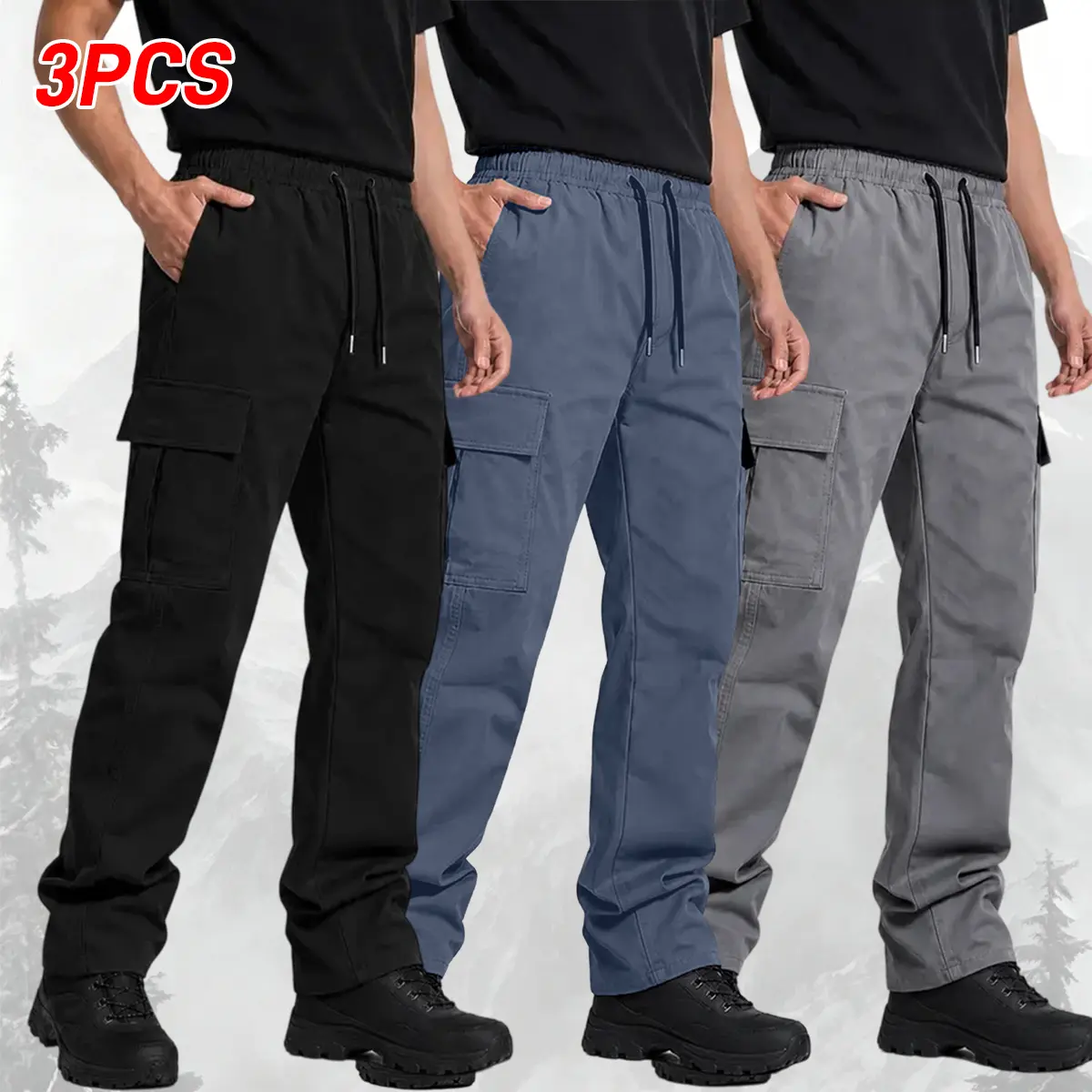3-pack men’s cargo pants, straight-leg design, drawstring waist, multi-pocket tactical work pants, lightweight and comfortable, suitable for sports and casual outdoor hiking, casual pants for spring and autumn.