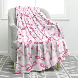 Checkered Bow Throw Blanket Gifts for Women Girls Her, Bow Themed Birthday Party Decorations, Pink Soft Microfiber Blankets Bows Room Decor for Home Bed Couch