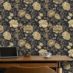 Vintage Floral Self-Adhesive Wallpaper Roll, Butterfly and Flower Pattern, Easy Peel and Stick, Waterproof Durable Contact Paper