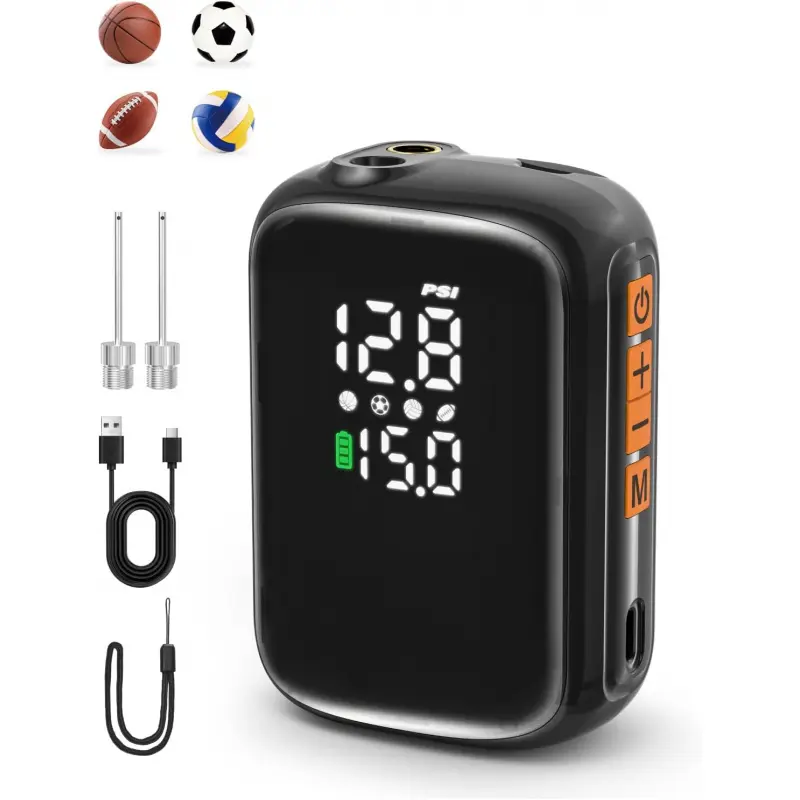Portable Automatic Electric Ball Pump with Digital Pressure Gauge and 2 Needles, 15 PSI Fast Inflator for Soccer, Basketball, and Football, Sports, 15Psi Fast Inflation, Digital Precise Pressure Gauge, Multi-Sport Use