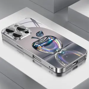 Aurora Shining Apple Pattern Electroplated Glass Smartphone Case, Fashionable Exquisite Protective Casing for iPhone 16ProMax, 16E, 15Pro, 14Plus, 13ProMax, 12, 11Pro, High-Value Handheld Devices Accessory