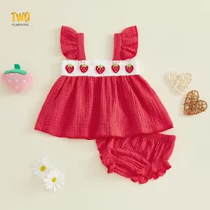 Baby Girls Summer Cute Strawberry Embroidery Outfits Flutter Sleeves Tank Tops And Elastic Ruffles Shorts Set Cute Clothes