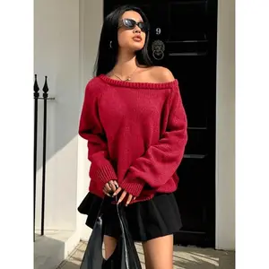 Women's solid color off shoulder raglan sweater, autumn and winter casual long sleeved pullover, fashionable women's knitted daily wear, women's clothingRAIMENTRY