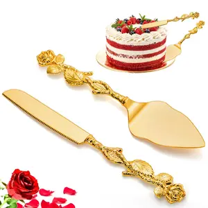 2PCS Rose Carving Wedding Cake Knife and Server Set, Gold Cake Cutting Set for Wedding, Vintage Rose Wedding Cake Cutter and Server for Birthday, Party, Anniversary, Cake, Pie, Pizza,, Birthday Bridal Gift (F-Rose)