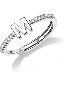 1 Pc S925 Sterling Silver Initial Rings for WAdjustable Silver Gomen, Old Plated Stackable Rings for Women Letter Initial CZ Rings Alphabet Elegant Everyday Ring