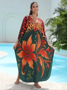 【Plus Size】 Leopard and Floral Print Batwing Sleeve Loose Fit Cover Up Dress, Casual V Neck Cover Up Dress for Beach Holiday Vacation, Women's Swimwear for All Seasons