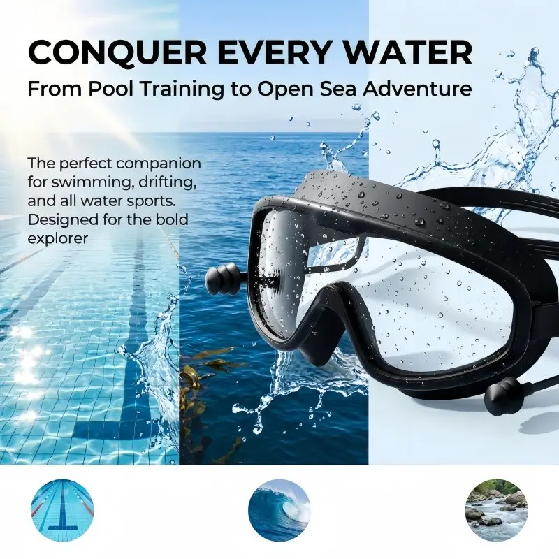 Unisex Anti-Fog Swimming Training Goggles with Nose Clip and Earplugs, Large Frame Design, Soft Silicone and PC Material, Visibility, Waterproof for Pool Beach Water Sports