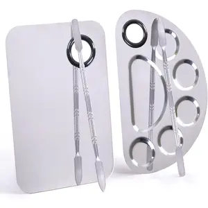 Stainless Steel Metal Makeup Palee with Spatula Artist Tool for Mixing Foundation Nail-Art, Cosmetic Makeup Palee, Makeup Plate, 6×4"/Silver/2pcs