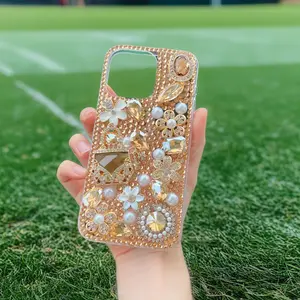 Golden Rhinestone Bling Handbag Cellphone Casing with Chain - Elegant Stylish Protective Accessories for iPhone 16,15,15 Plus,14,13,12,11 Pro Max Models