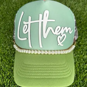 Trucker Hat - Green with "Let Them" Text, White Letters, Cap Style, Adjustable Fit, Lightweight Design