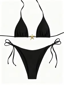 Women's Fashionable Two-Piece Bikini Swimsuit, Tie-Strap Metal Star Design, Beach Vacation Outfit set