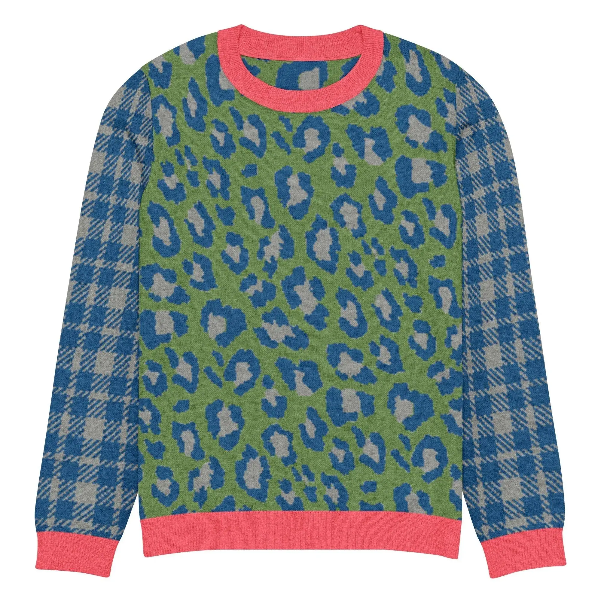 Leopard in Blue and Green Plaid Knitted Crewneck Sweater