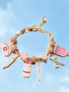 1 piece of pink Nurses' Day charm bracelet, pink nurse hat hanging decoration bracelet, syringe and stethoscope pendant personalized bracelet, pink medicine bottle DIY bracelet, pink thermometer and liquid bag bracelet, cosplay creative bracelet