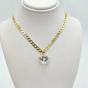 heart 20-Inch Cuban Link Chain with Crystal Heart Pendant | 14K Gold Plated Necklace for Women