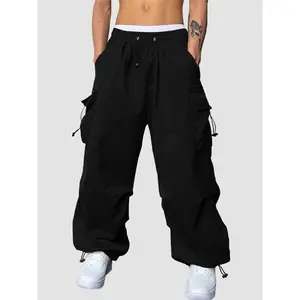 Men's Solid Pocket Drawstring Baggy Cargo Pants, Loose Casual Street Parachute Pants for Daily Wear, Men's Bottoms for All Seasons