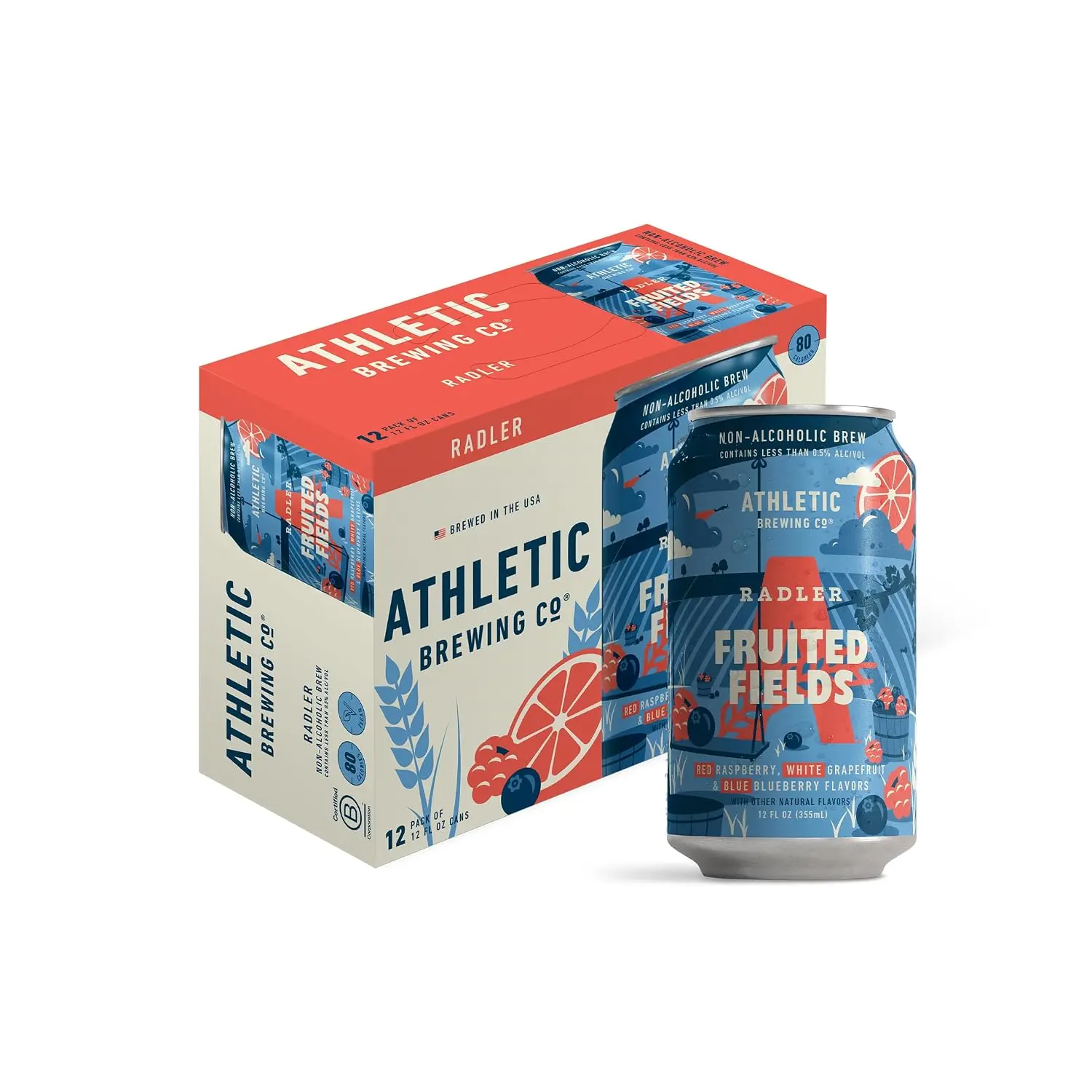 Athletic Brewing Company Craft Non-Alcoholic Beer, Low-Calorie Radler-Style, Pair With Hot Dogs, Burgers, Potato Salad, Vegan Hops Blend With Berry & Tangy Grapefruit Notes, Fruited Fields, 12 Pack, 12 Fl Oz Cans