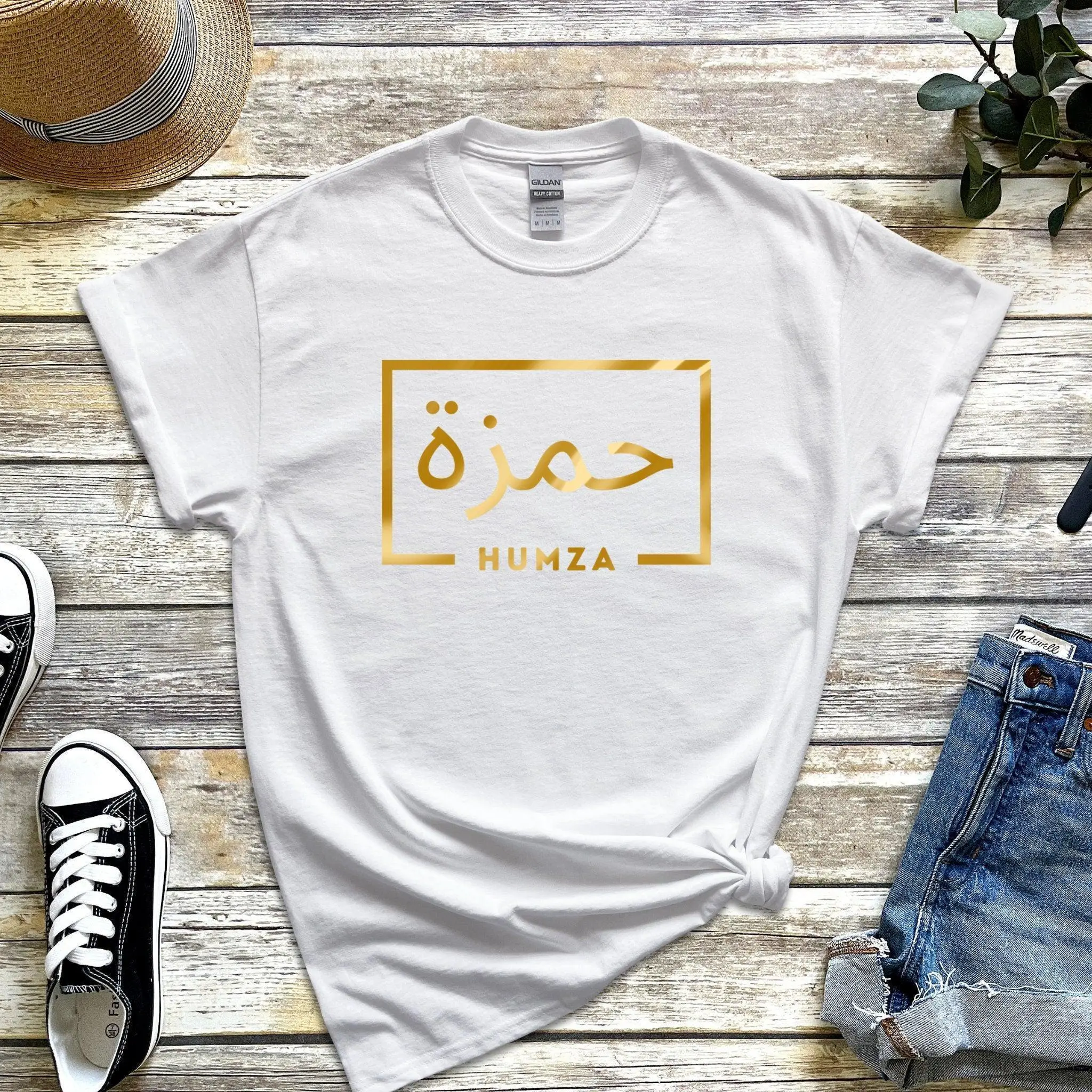 GOLD Personalized Arabic Name T-Shirt by Humraha | Desi Arab Muslim Fashion Apparel Gifts for Ramadan Eid Nikkah Wedding Couples Families New Moms Aunts Uncles Grandparents | Pakistan India Bangladesh Palestine Lebanon Egypt Syria