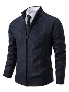 Men's Fall Winter Fleece Lined Thick V-Neck Knit Cardigan, Fashion Knitwear, Long Sleeve, Mixed Fiber Fabric, Warm Plaid Lining, Practical Pockets, Business Casual Style