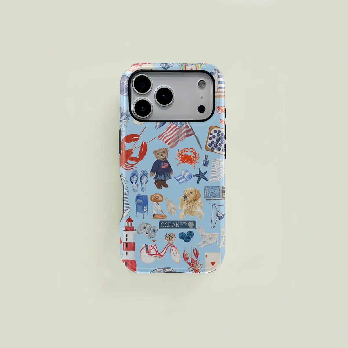 Light blue retro American-style fresh ocean element patchwork pattern protective case, sturdy and durable 2-in-1 protective case, compatible with iPhone 17/16/15/14/13/12/11 Pro Max/Plus/Pro, sssung Galaxy S25/S24/S23 Ultra series,