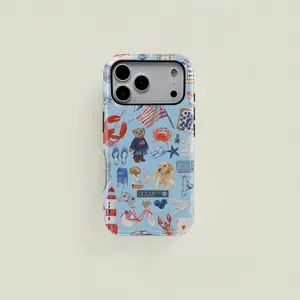 Light blue retro American-style fresh ocean element patchwork pattern protective case, sturdy and durable 2-in-1 protective case, compatible with iPhone 17/16/15/14/13/12/11 Pro Max/Plus/Pro, Samsung Galaxy S25/S24/S23 Ultra series,