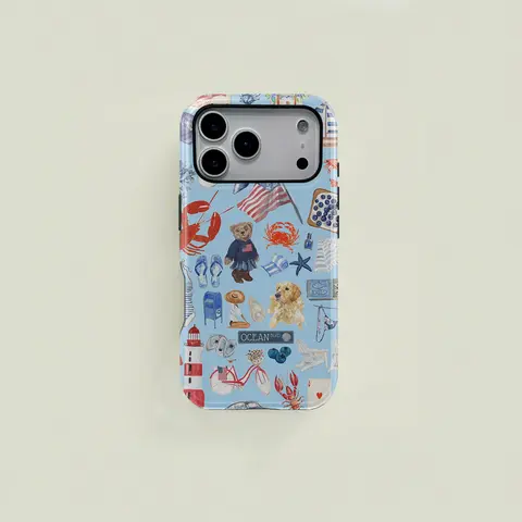 Light blue retro American-style fresh ocean element patchwork pattern protective case, sturdy and durable 2-in-1 protective case, compatible with iPhone 17/16/15/14/13/12/11 Pro Max/Plus/Pro, Samsung Galaxy S25/S24/S23 Ultra series,, Accessories, Smartpho