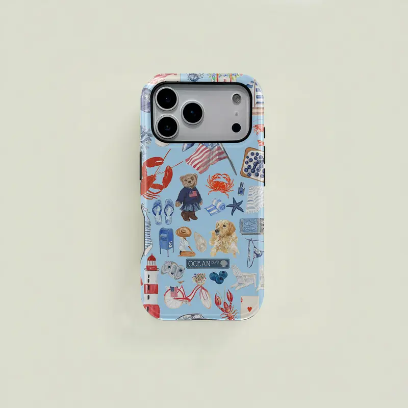 Light blue retro American-style fresh ocean element patchwork pattern protective case, sturdy and durable 2-in-1 protective case, compatible with iPhone 17/16/15/14/13/12/11 Pro Max/Plus/Pro, Samsung Galaxy S25/S24/S23 Ultra series,, Accessories, Smartpho