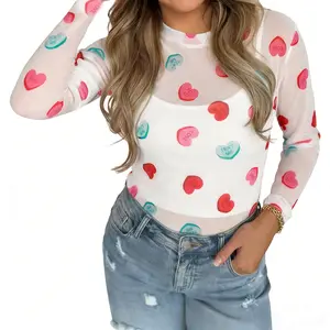 Mntaor Women's Sheer Mesh Heart Print Top Long Sleeve Blouse for Going Out Elegant & Versatile Romantic Love Design