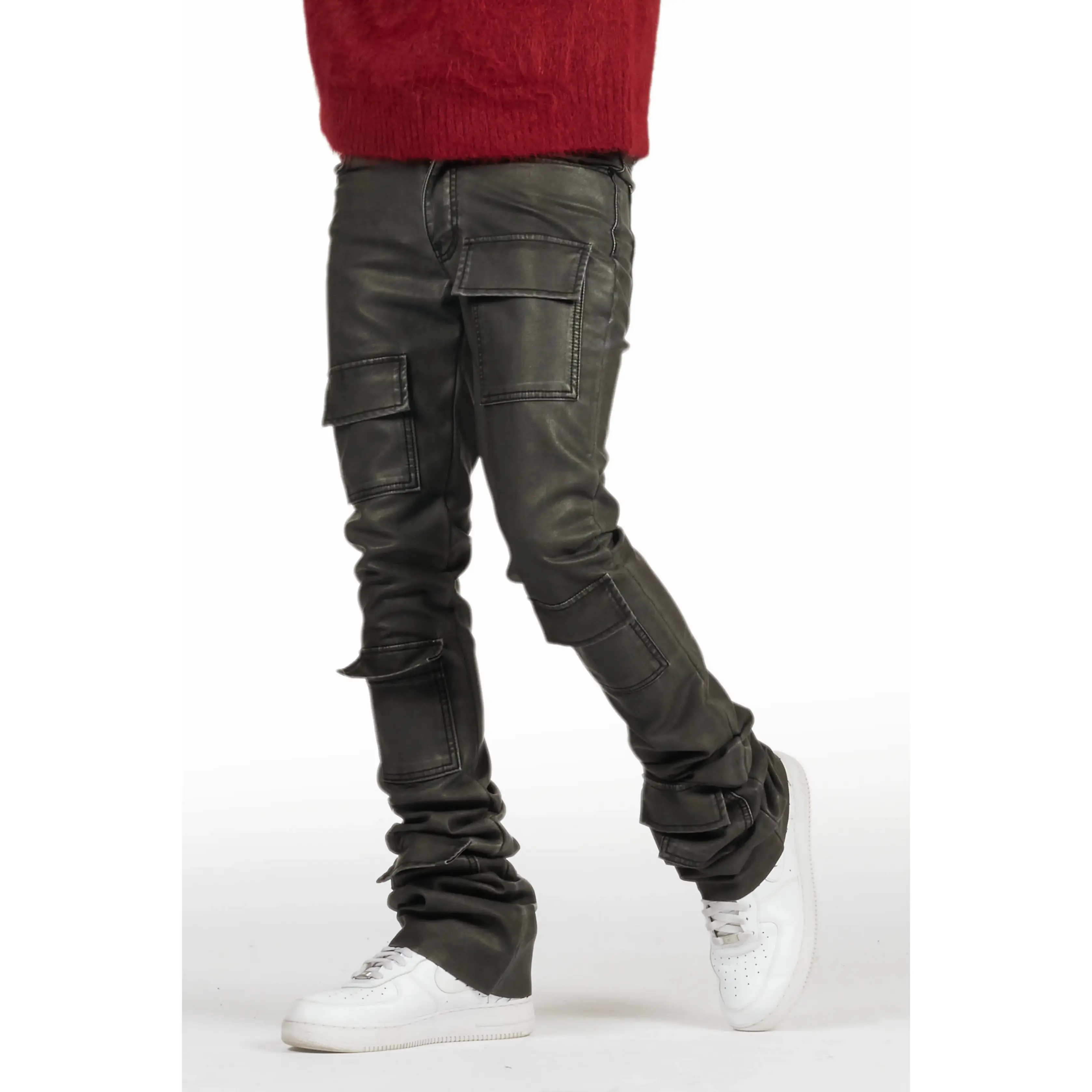 Petrus Black PU Stacked Flare Leather Jean