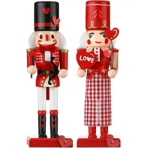 2 Pcs Valentine's Day Nutcracker Wooden Red Love King of Hearts 10 Inch Figures Decor for Holiday Tables Desktop Fireplace