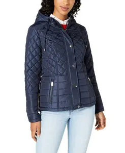 Sebby Women's Blue Hooded Water Resistant Quilted Coat Jacket