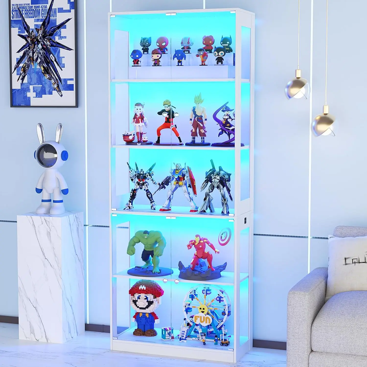 VOWNER 80'' Display Cabinet with Glass Door, 5-Tier Curio Cabinet for Collectibles Trophy, Glass Display Case with Human Body Sensor, 3 Color Lights, Bookcase Storage Cabinets for Living Room, Study
