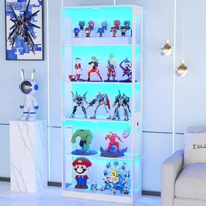 VOWNER 80'' Display Cabinet with Glass Door, 5-Tier Curio Cabinet for Collectibles Trophy, Glass Display Case with Human Body Sensor, 3 Color Lights, Bookcase Storage Cabinets for Living Room, Study