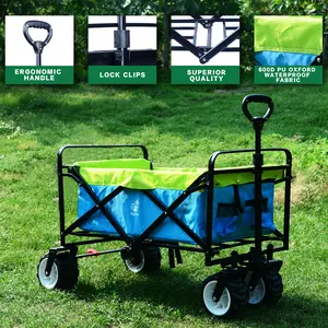 Camping cart Collapsible Wagon Stroller, Wagons Carts Foldable Grocery Cart on Wheels Beach Wagon Foldable Cart with Wheels, Cup Holders, Adjustable Handle, Safety Straps,Shopping, Garden,Sports, Blue Green