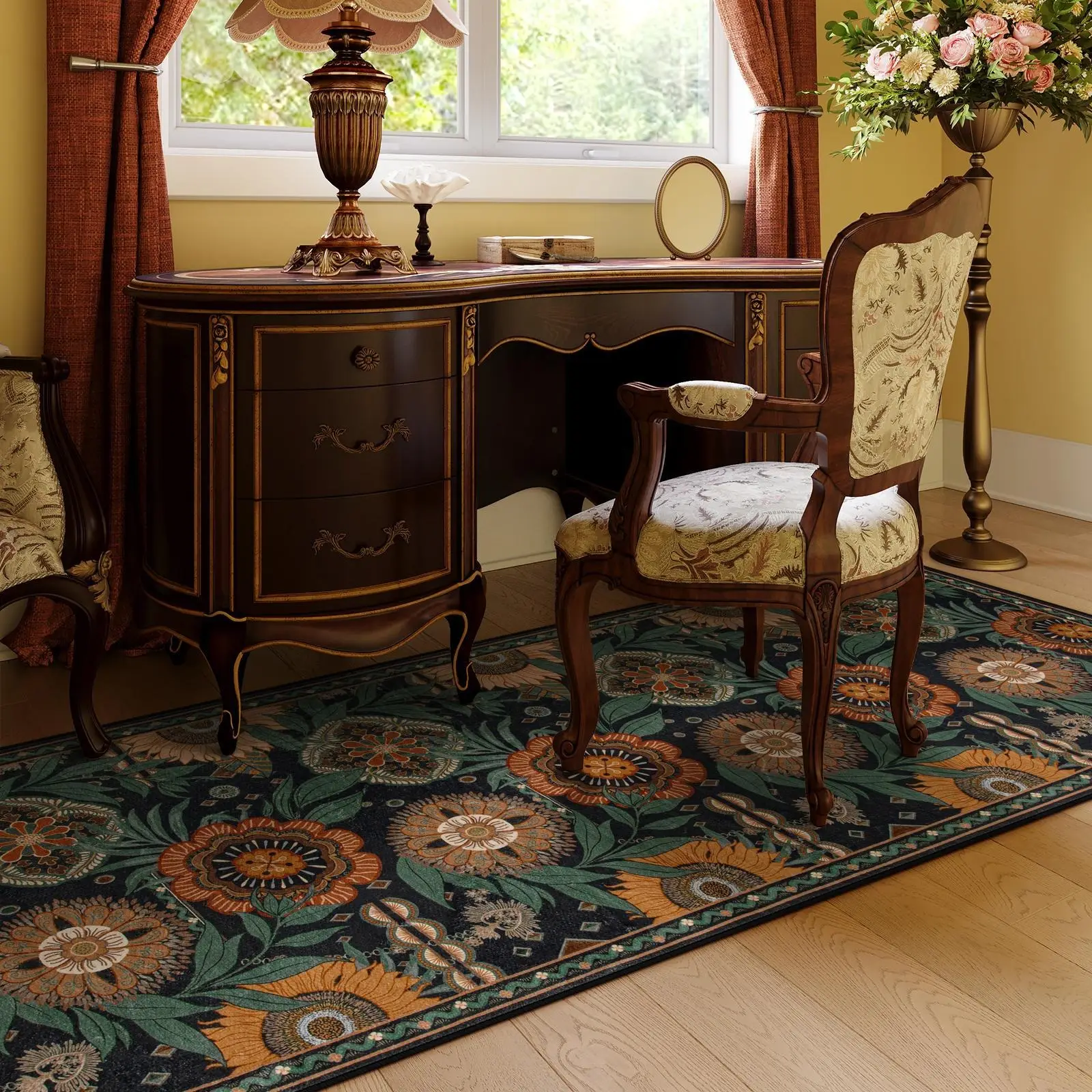 Lahome Vintage Floral Area Rug, Non-Slip Washable Indoor Door Mat, Mysterious Bohemian Kitchen, Bathroom and Entryway Throw Rug