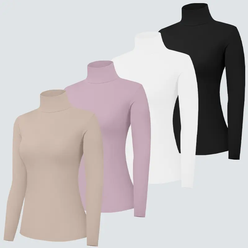 Women's Veldtholos Polyester Thermal Clothing 4-Pack - Slim-Fit High Neck Long Sleeve Shirts, 4-Color, Stretchy Soft, Elegant Casual Wear Layering Tops for Fall, Winter Daily Use