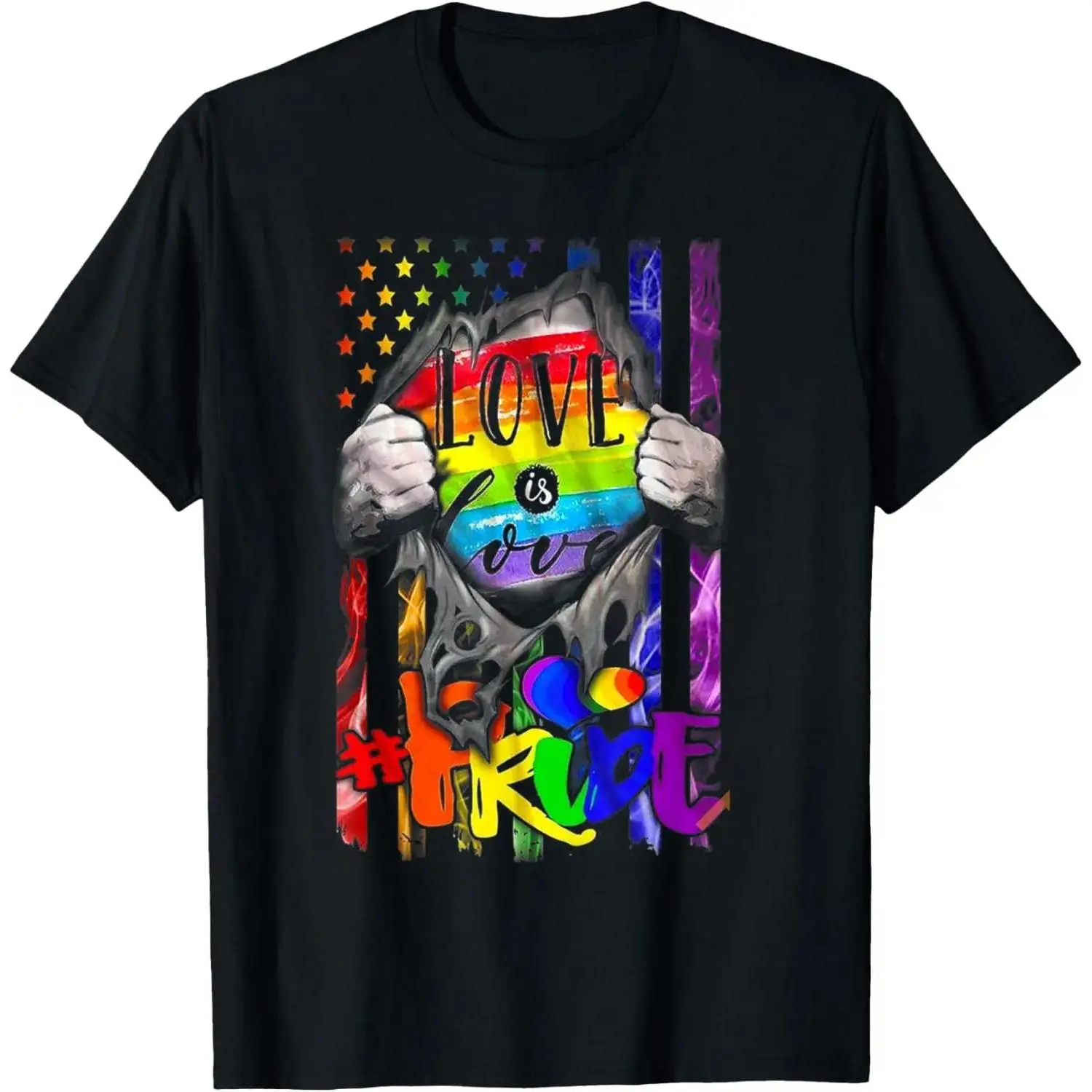100% Cotton LGBT Love Is Love Pride Flag American Rainbow Gay Pride T-Shirt Round Neck Short Sleeve T-Shirt