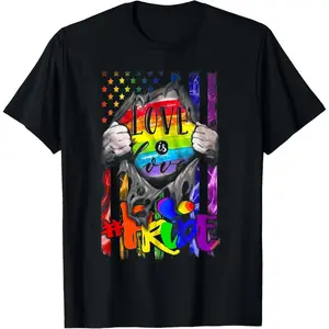 100% Cotton LGBT Love Is Love Pride Flag American Rainbow Gay Pride T-Shirt Round Neck Short Sleeve T-Shirt
