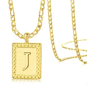 Gold Initial Necklaces for Women Men Square Letter Necklaces 26 Capital A-Z Stainless Steel Letter Pendant Necklace with Trendy Figaro Chain