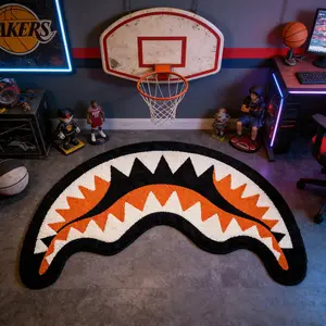 "Shark Mouth" Irregular-Shaped Rug, Decorative Area Rug, Gaming Rugs, Black, White, and Orange Color-Block Flocked Floor Mat Decorative Bedside Accent for Gaming Rooms and Bedrooms Machine Washable & Non-Slip