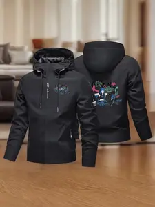 Men's and Women's Fashion Jacket with Arcane Print, Zipper Pockets, Casual Hooded Design, Polyester Material, Spring & Fall Wear, Casual Street Fashion