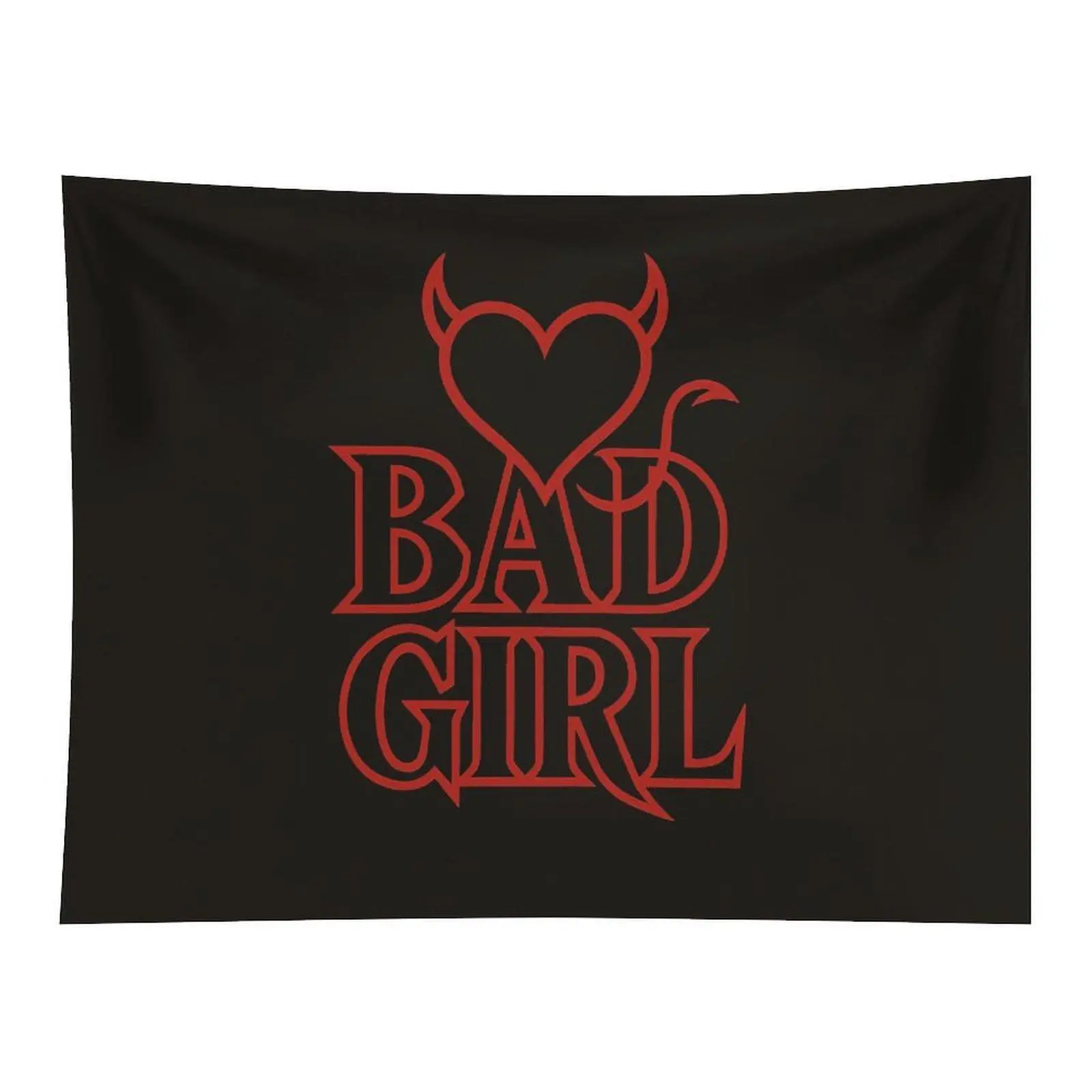 Bad Girl Red Devil Heart Horn And Tail Gothic Lettering Dark Black Background Edgy Art Wall Tapestry For Teen Room Decoration