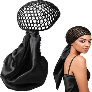 Detachable Satin Hair Wrap and Net Duo - Adjustable Hair Bonnet Wrap Cap for Haircare, Heatless Silk Press Curls, Frizz Control, Handmade Netting, Reversible Satin Sateen Band