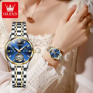 OLEVS Automatic Winding Hollow Skeleton Moon Phase Women Watch Stainless Steel Waterproof Two Tone Ladies Watches