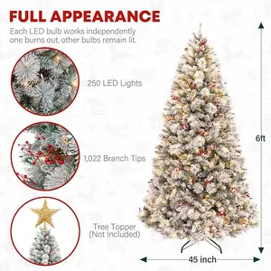 6 ft Lighted Snow Flocked Christmas Tree, 250 Warm White Lights, with 1032 Frosted Branch Tips, Metal Stand and Hinged Branches for Indoor Decor