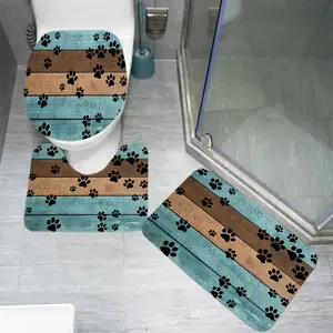 A Set of Three Cartoon Wooden Board Patterned Dog Paw Print Bathroom Toilet Additions, Including a Rectangular Mat, a U-Shaped Foot Pad, And an Oval Toilet Lid Cover. This Combination Set Features Soft And Comfortable Flannel Fabric with Super Absor