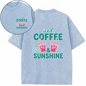 Oversize Acid Wash Vintage "Iced Coffee & Sunshine" Pattern T-Shirt, Coffee Lover Casual Graphic Tee, Heavyweight Cotton Streetwear Vintage Tees Unisex Crewneck Tshirt Crewneck Unisex